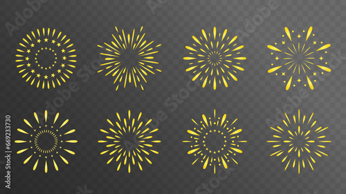 Exploding festival fireworks set, Isolated on transparent background. Flat style. Design concept for holiday banner, poster, flyer, greeting card, decorative elements 