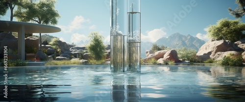 A water purification system using nanotech filters, placed serenely by a clear pool.