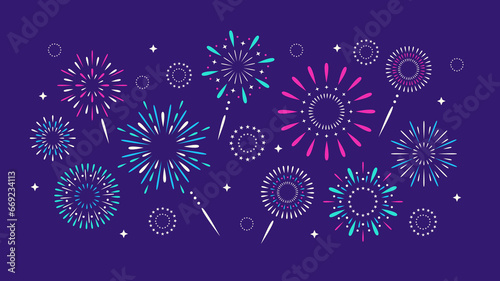 Colorful exploding festival fireworks set, Isolated on purple background. Flat cartoon style. Design concept for holiday banner, poster, flyer, greeting card, decorative elements 
