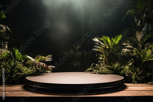 Round podium with tropical plants on the edges