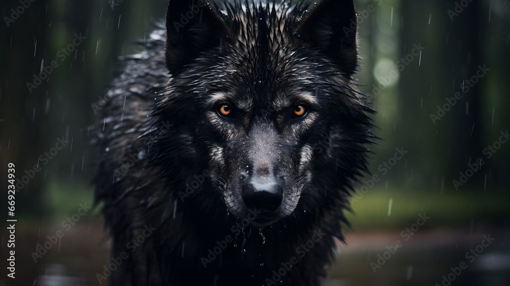 A large black wolf standing in the rain, staring at the camera A large black wolf standing in the rain, staring at the camera
