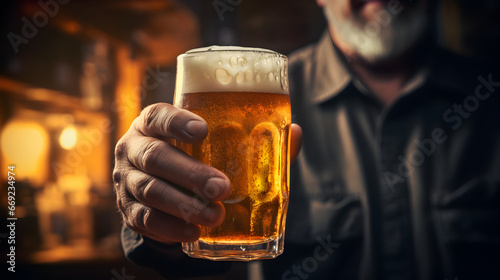 Bartender holding a mug of beer in a bar