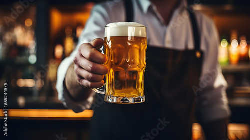 Bartender's hand holding a fresh mug of beer