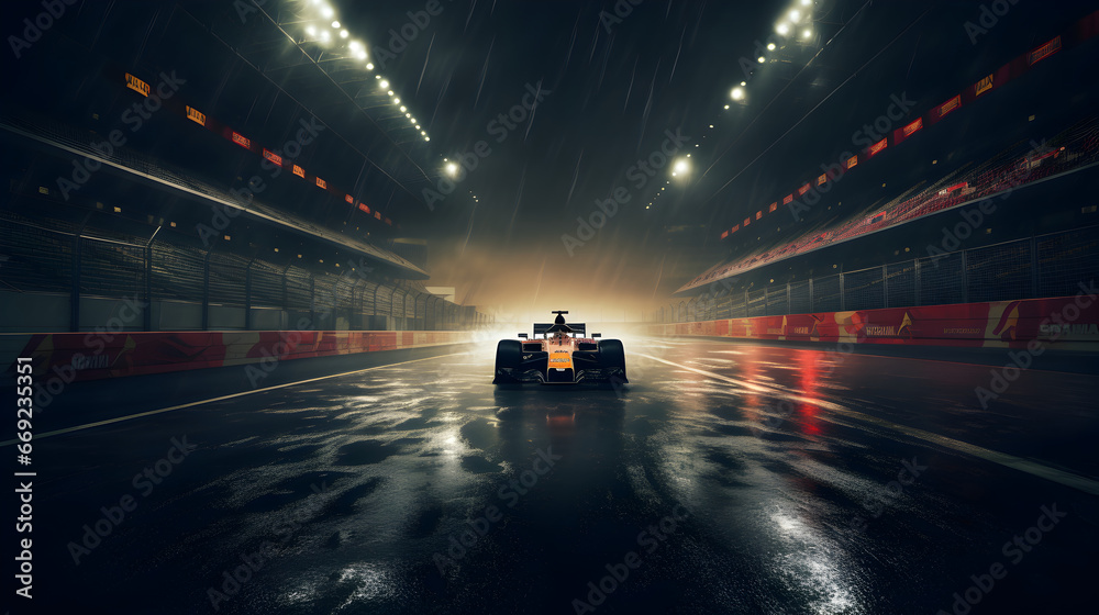 Empty car race track at night in rain with floodlights