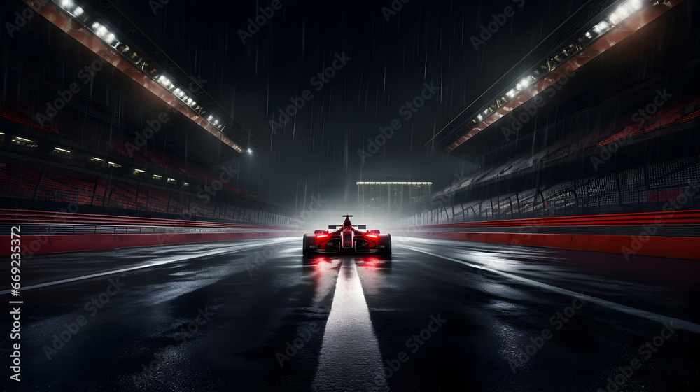 Empty car racing formula one track at night in rain with floodlights Empty car racing formula one track at night in rain with floodlights