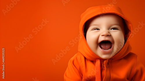 Cute sweet laughing baby in orange clothes on orange background