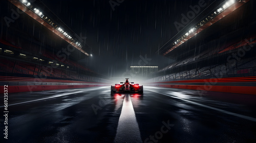 Empty car racing formula one track at night in rain with floodlights © Trendy Graphics