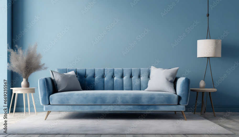 Obraz na płótnie dusty blue sofa near the empty wall modern monochrome interior for mockup wall art promotion background with copyspace w salonie