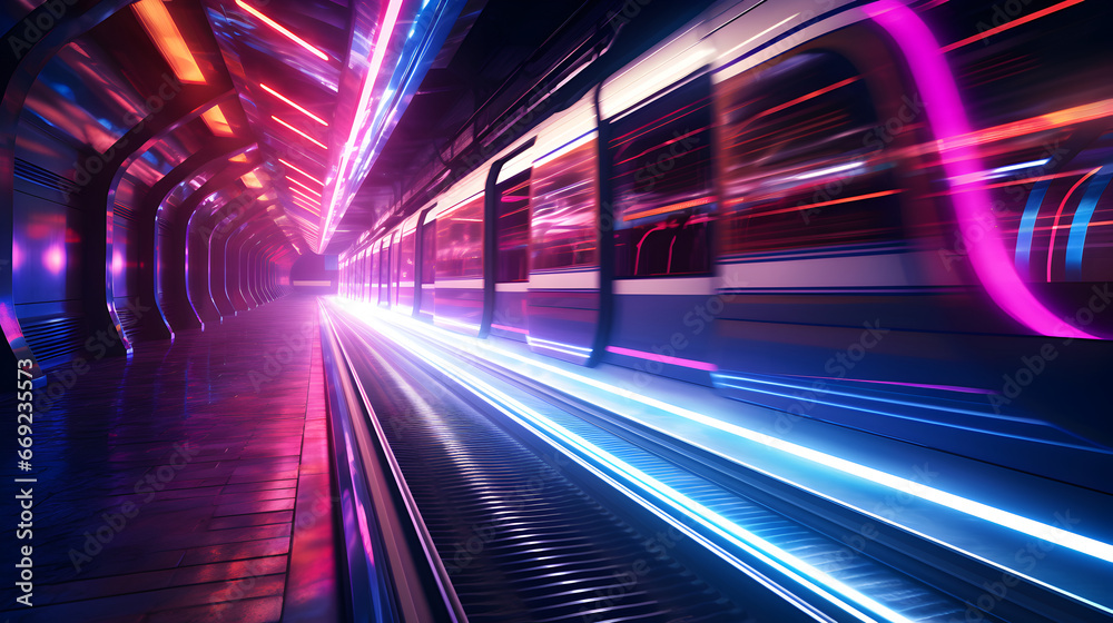 Fast underground subway train moving through the tunnels. Neon pink and blue light Fast underground subway train moving through the tunnels. Neon pink and blue light
