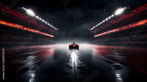 Empty car racing track at night in rain with floodlights