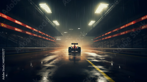 Formula one empty race track at night in rain with floodlights