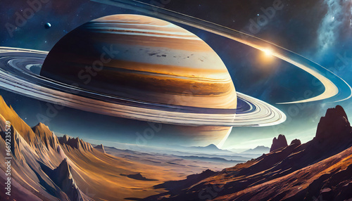 an artistic view of a planet with saturn in the background generative ai