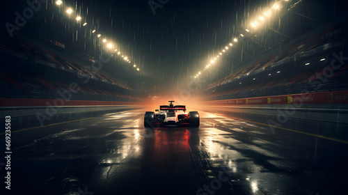 Formula one racing empty track at night in rain with floodlights