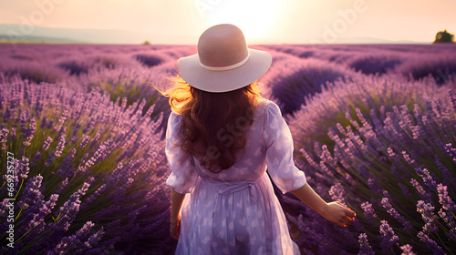 Happy woman with hat walking through the lavender flower field