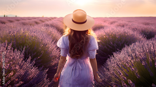 Happy woman with hat walks through the lavender flower field
