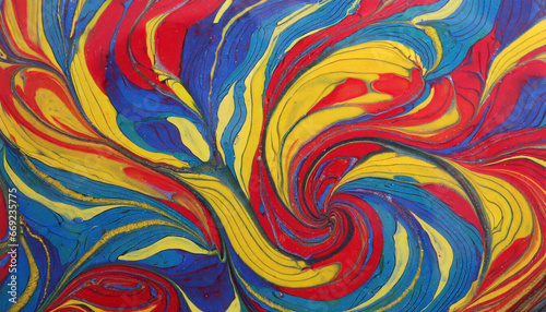 the merger of vibrant swirls of primary colors creates a kaleidoscope effect