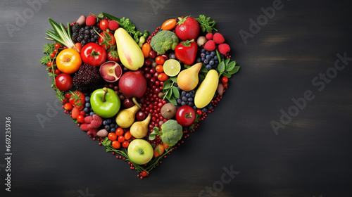 copy space, stockphoto, Human heart made of fruits and vegetables. Healthy food concept. Fresh healthy food for a healthy lifestyle. Copy space available. 