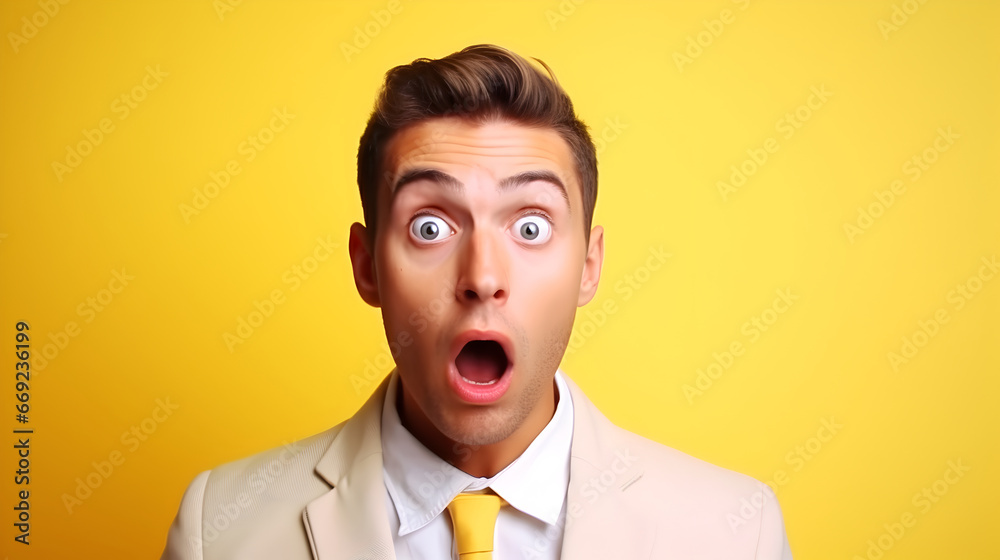 Young manager man surprised and excited, with eyes and mouth opened, bright yellow color background - obrazy, fototapety, plakaty 
