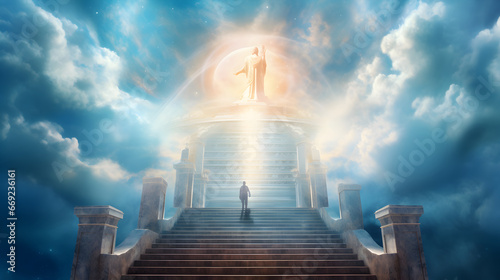 Staircase to heaven  the concept of enlightenment. Human stands in front of the Paradise gates