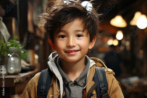 a sweet and lovely asian child slightly smiling. generative AI © yj