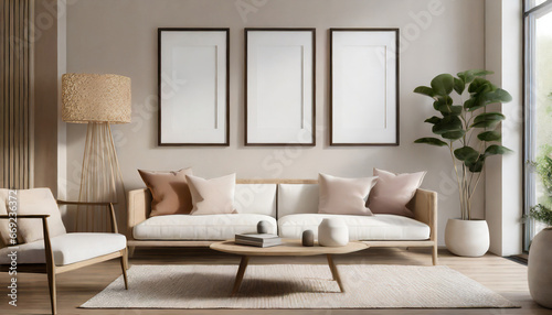 three empty vertical picture frames in a modern living room with white sofa and beige pillows japandi interior wall art mockup © Alicia
