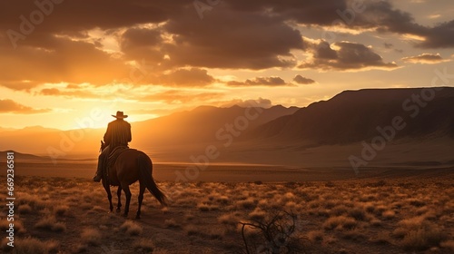 A scene about the Wild West in which a cowboy rides a horse through a vast desert landscape. Created with Generative AI technology.