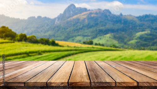 wooden table top on blur mountain and grass field fresh and relax concept for montage product display or design key visual layout view of copy space © Alicia
