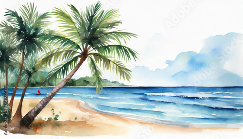 holiday summer travel vacation illustration watercolor painting of palms palm tree on teh beach with ocean sea design for logo or t shirt isolated on white background © Alicia