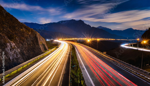 a long exposure photo of a highway at night with mountains in the background generative ai