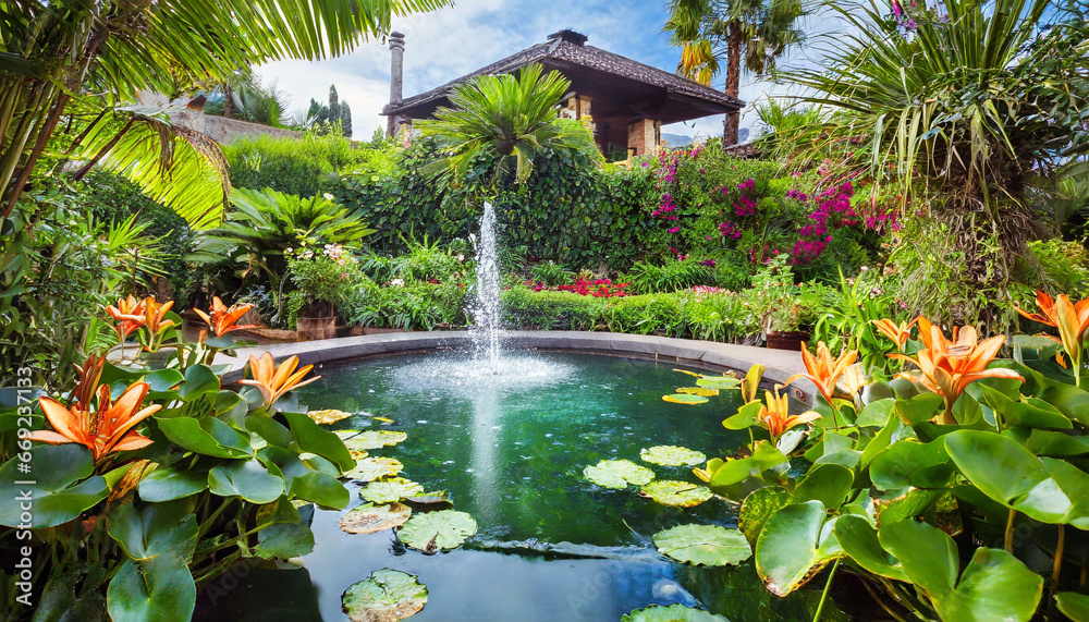 tropical garden with fountain near villa with lilies
