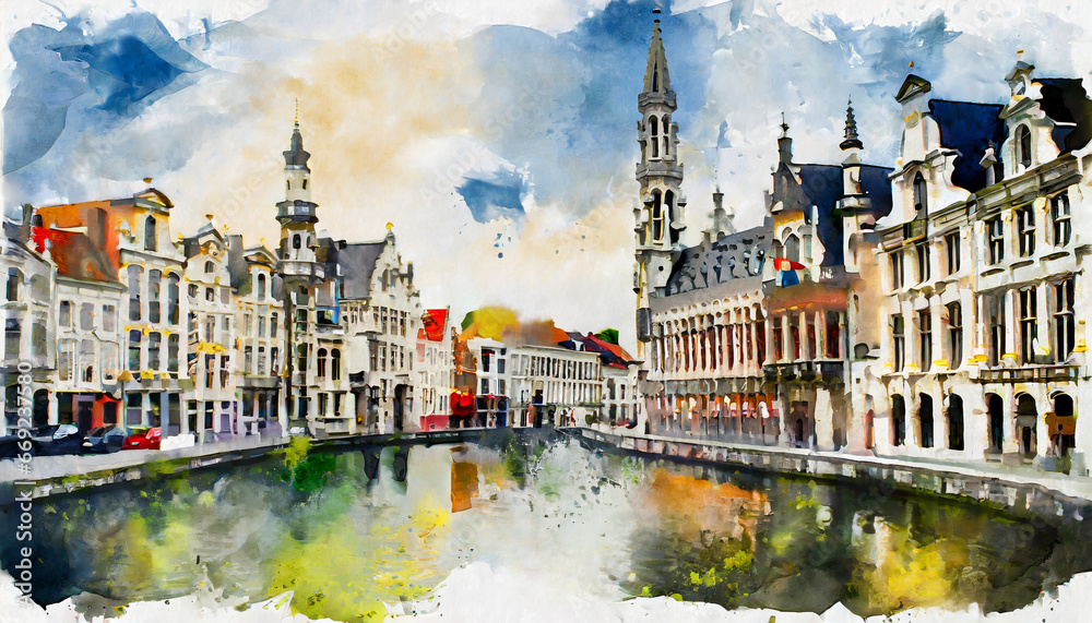 beautiful view of the historical center of brussels watercolor sketches generative ai