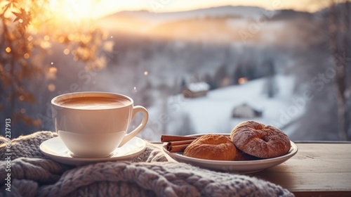 Winter country morning with cup of coffee tea food buns wallpaper background