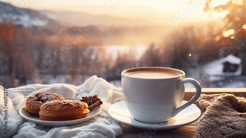 Winter country morning with cup of coffee tea food buns wallpaper background