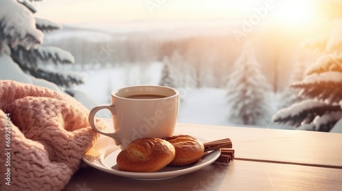 Winter country morning with cup of coffee tea food buns wallpaper background