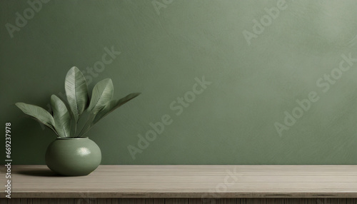 textured sage green wall copy space monochrome empty room with minimalist wood table wall scene mockup product for showcase promotion background generative ai