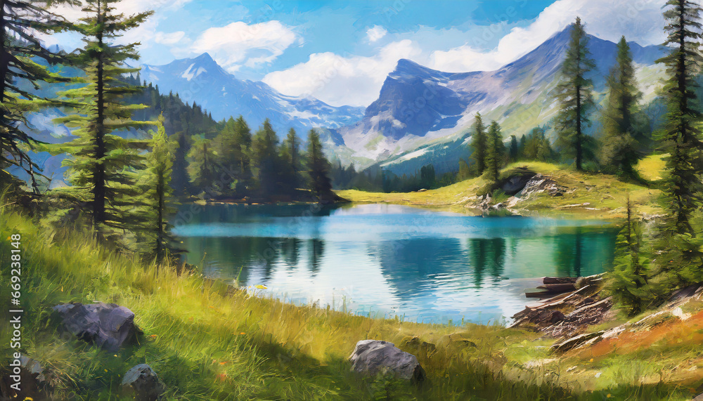 a painting of a mountain lake surrounded by trees and grass generative ai