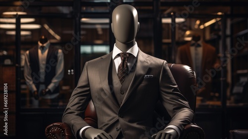 Man casual expensive jacket suit mannequin in luxury store wallpaper background photo