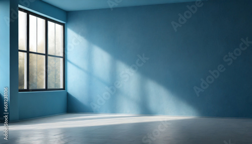 blue empty room with light from window in modern house wall scene mockup for showcase textured painted wall copyspace