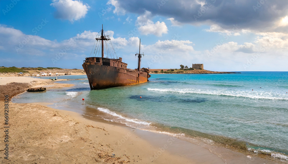 the sandy beach of cyprus is home to an ancient rusty ship a silent relic of maritime history
