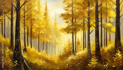 a painting of a golden forest with trees in the background generative ai