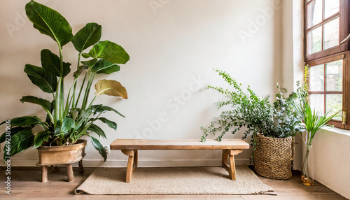 boho white and beige interior with a wooden bench near the empty wall and green houseplants modern minimalist entryway in the house background for mockups © Alicia