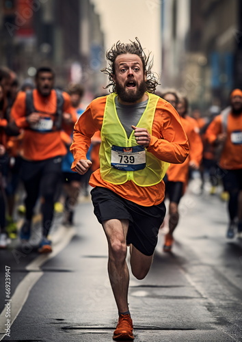 Marathon Runners in Orange Shirts on City Street