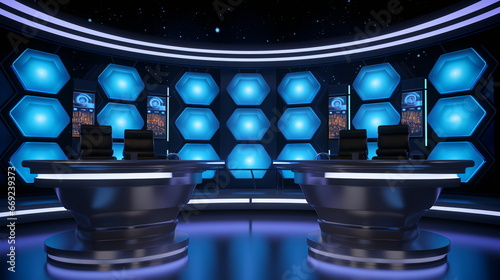 Neon-Lit TV Game Show Studio with Futuristic Design