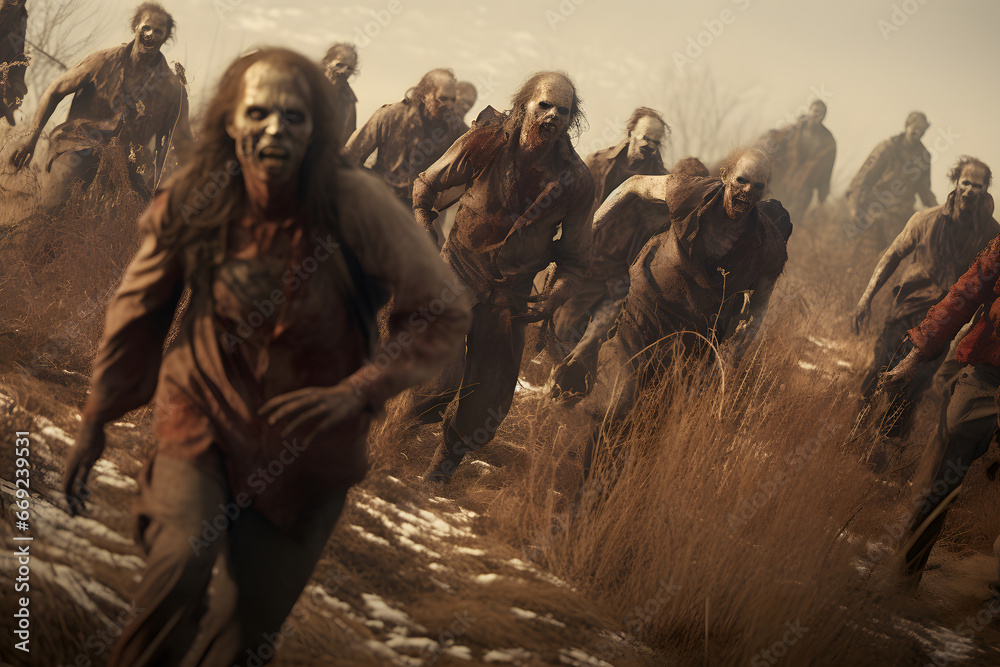 group of zombies running at foggy spring day. Neural network generated image. Not based on any actual person, scene or pattern. group of zombies running at foggy spring day. Neural network generated image. Not based on any actual person, scene or pattern.