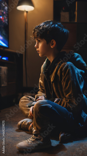 A Boy watching TV sitting on the floor in his room at night.Generated by AI