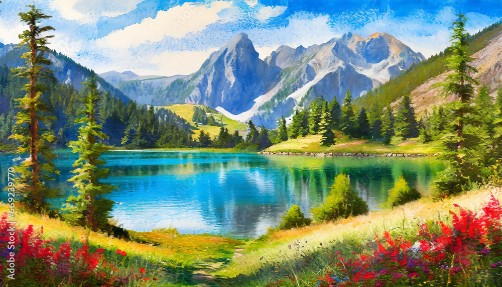 a painting of a mountain lake surrounded by trees and grass generative ai