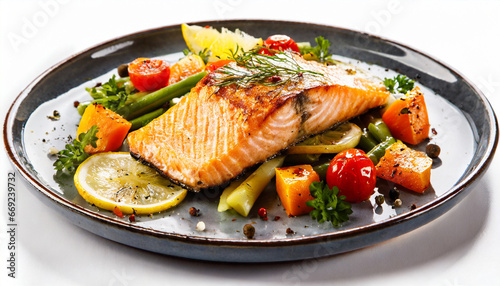 roasted salmon with vegetables on plate on white background