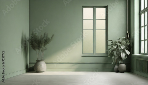 monochrome pastel sage green empty room with window in modern house wall scene mockup for showcase textured painted wall copyspace