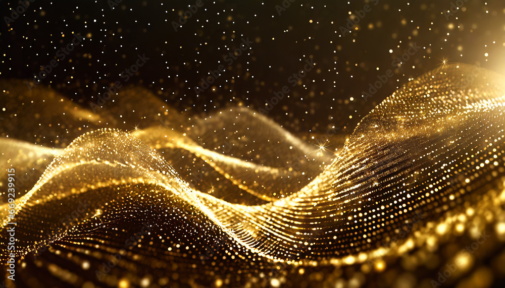 digital gold particles wave and light abstract background with shining ...