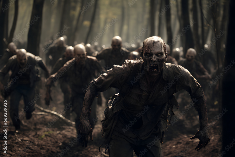 Group of zombies running in autumn forest at cloudy day. Neural network generated image. Not based on any actual person or scene. Group of zombies running in autumn forest at cloudy day. Neural network generated image. Not based on any actual person or scene.